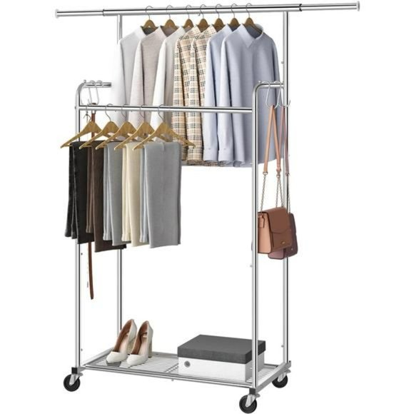 Double Rod Clothing Garment Rack, Rolling Clothes Organizer With 4 Hooks, Chrome